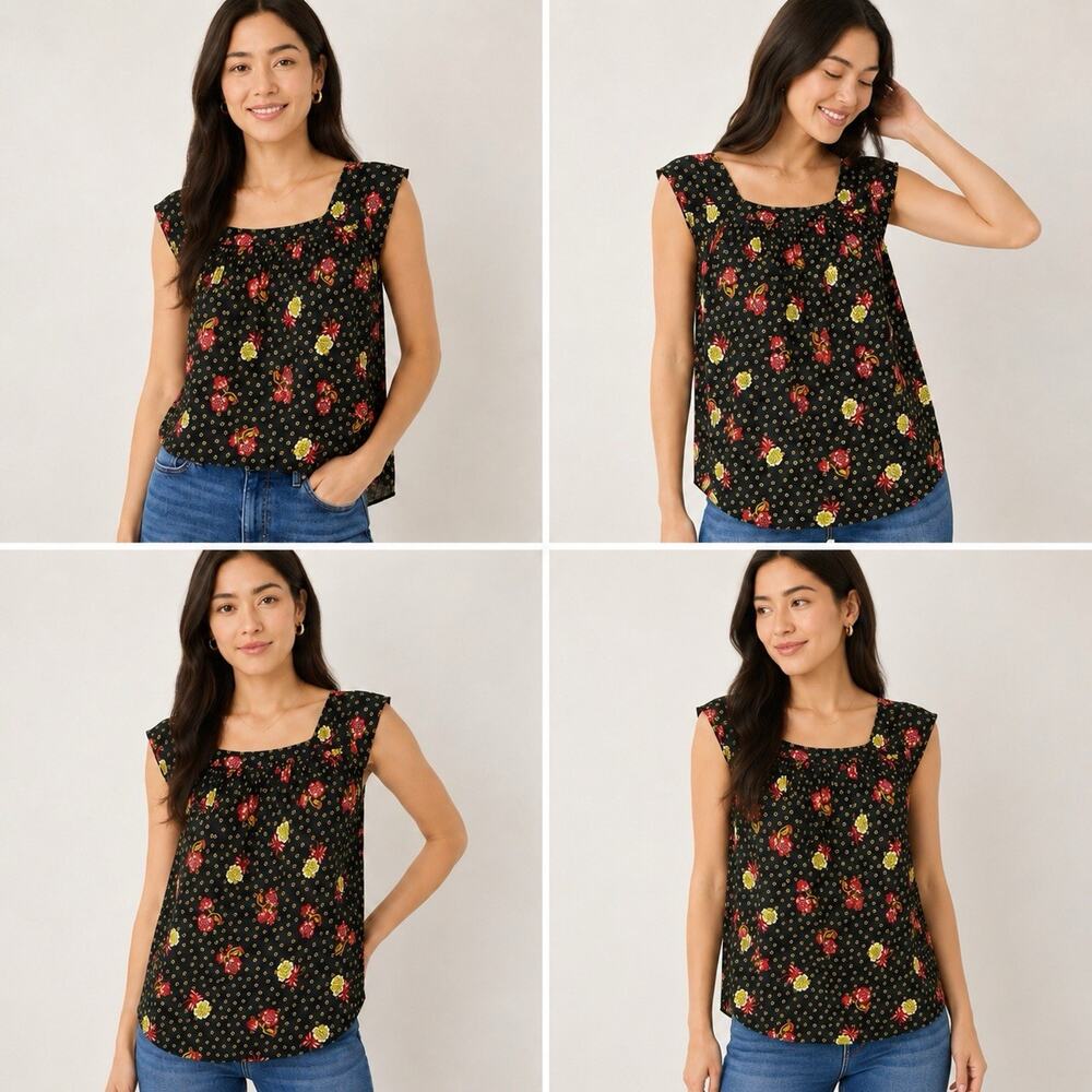 LOFT Womens XS Black Floral Sleeveless Blouse Red Yellow Gathered Boho Top